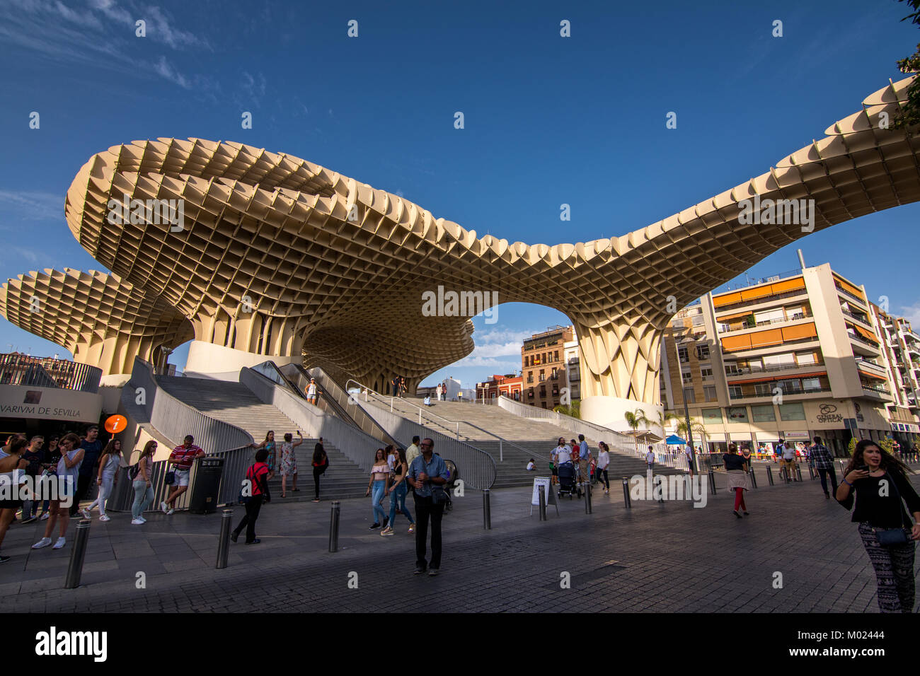SEVILLE, ANDALUSIA / SPAIN - OCTOBER 13 2017: MODERN ARCHITECTURE AND BLUE SKY Stock Photo