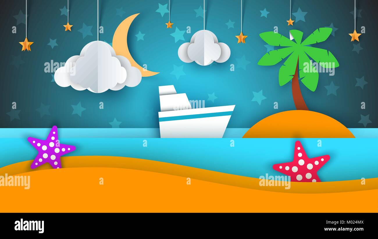 Ship, paper landscape, sea, cloud, star cartoon illustration. Stock Vector