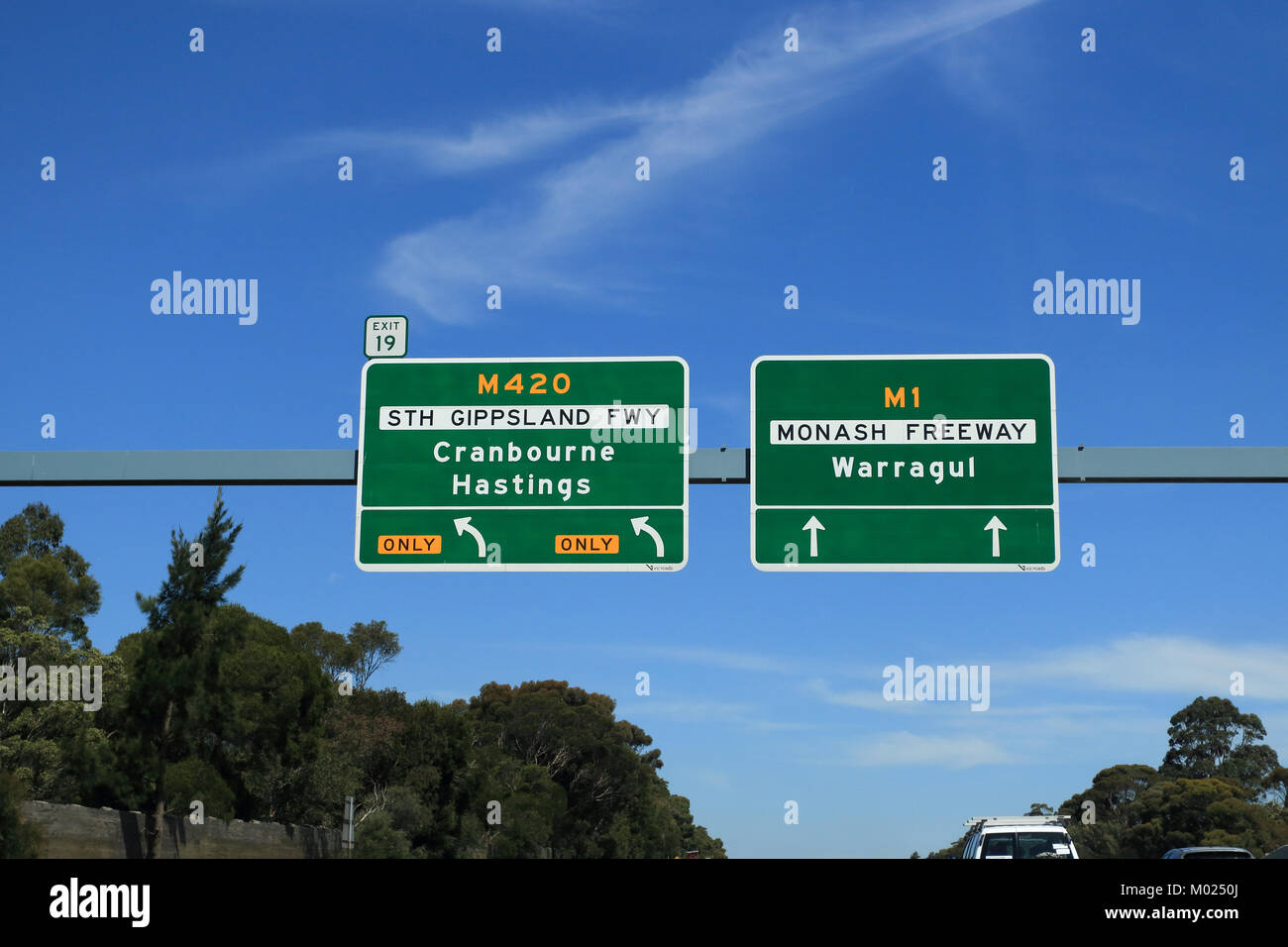 Monash freeway and South Gippsland Freeway signboards on Melbourne freeway road signs Stock Photo