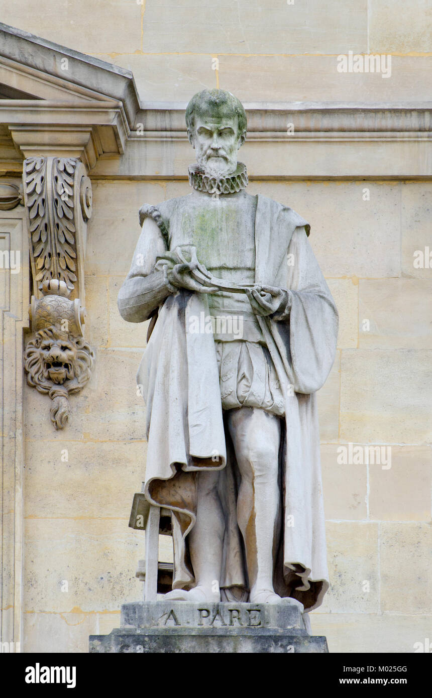 Paris, France. Palais du Louvre. Statue in the Cour Napoleon: Ambroise Paré (1510-90) French surgeon who served as royal surgeon for a number of Frenc Stock Photo
