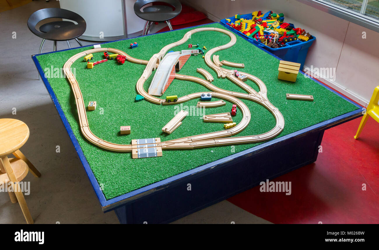Childrens toy, wooden train track, junction, playtime Stock Photo Alamy