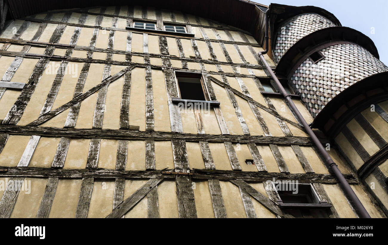 travel to France - old half-timbered house with tower on street Rue Champeaux in Troyes city Stock Photo
