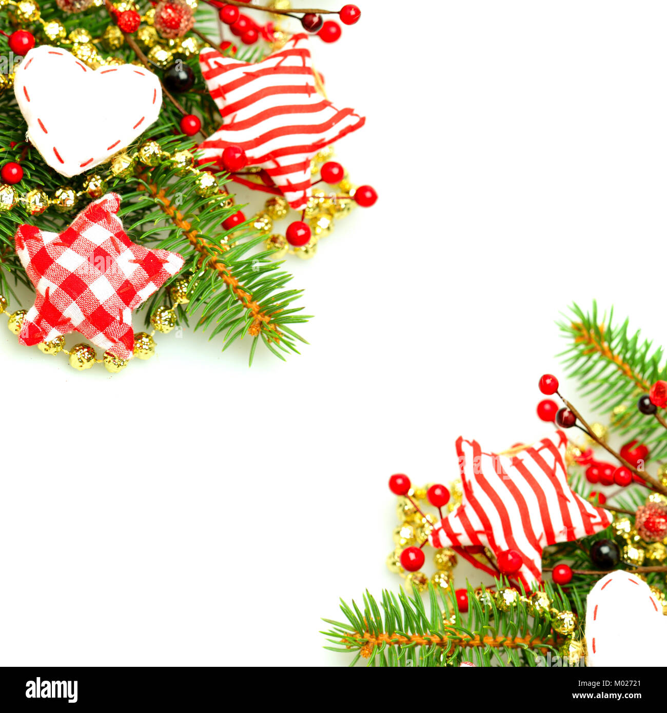 Christmas border with evergreen green fir twig and handmade decorations on background Stock Photo