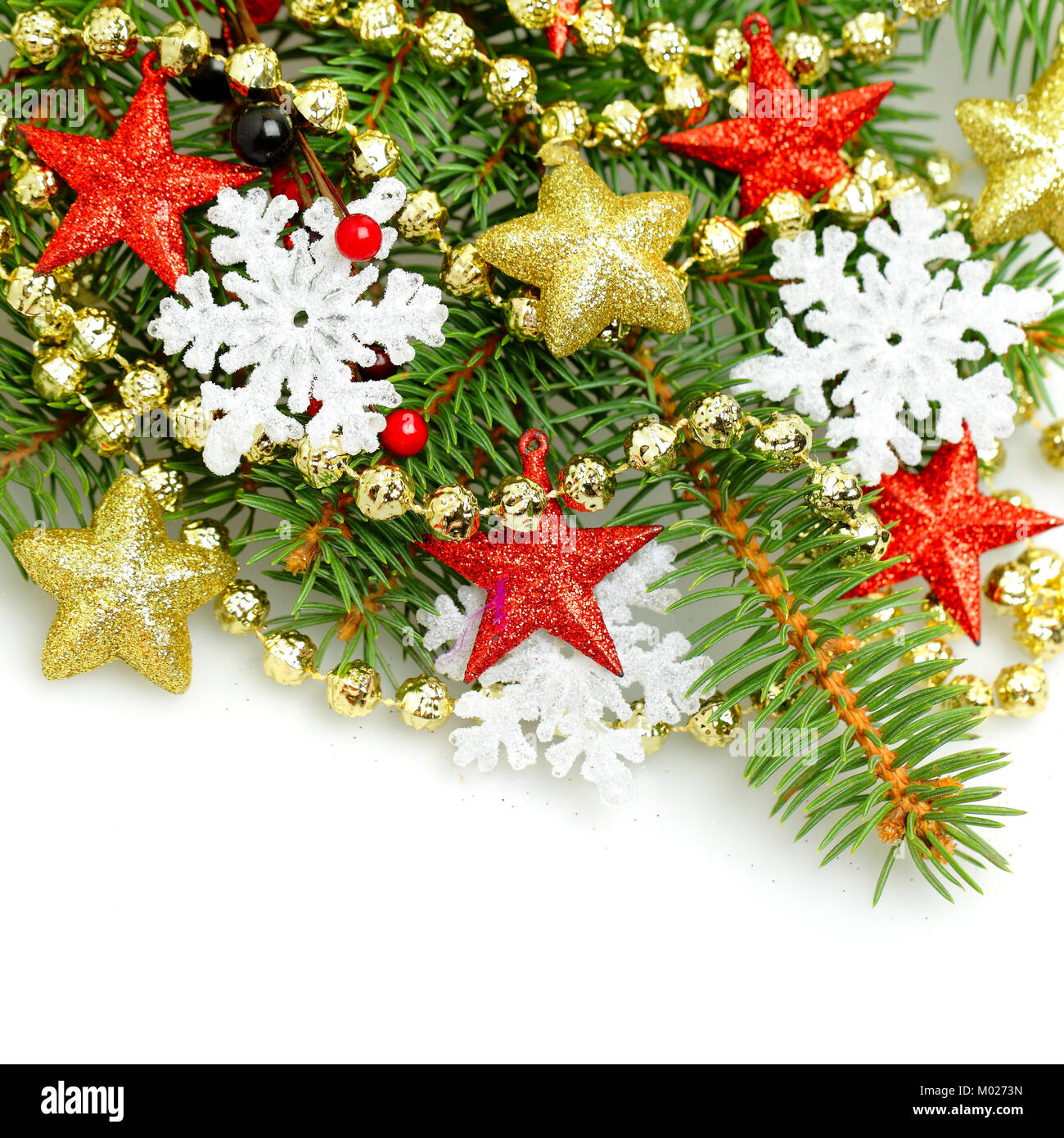 Christmas shiny stars and snowflake on white background Stock Photo - Alamy