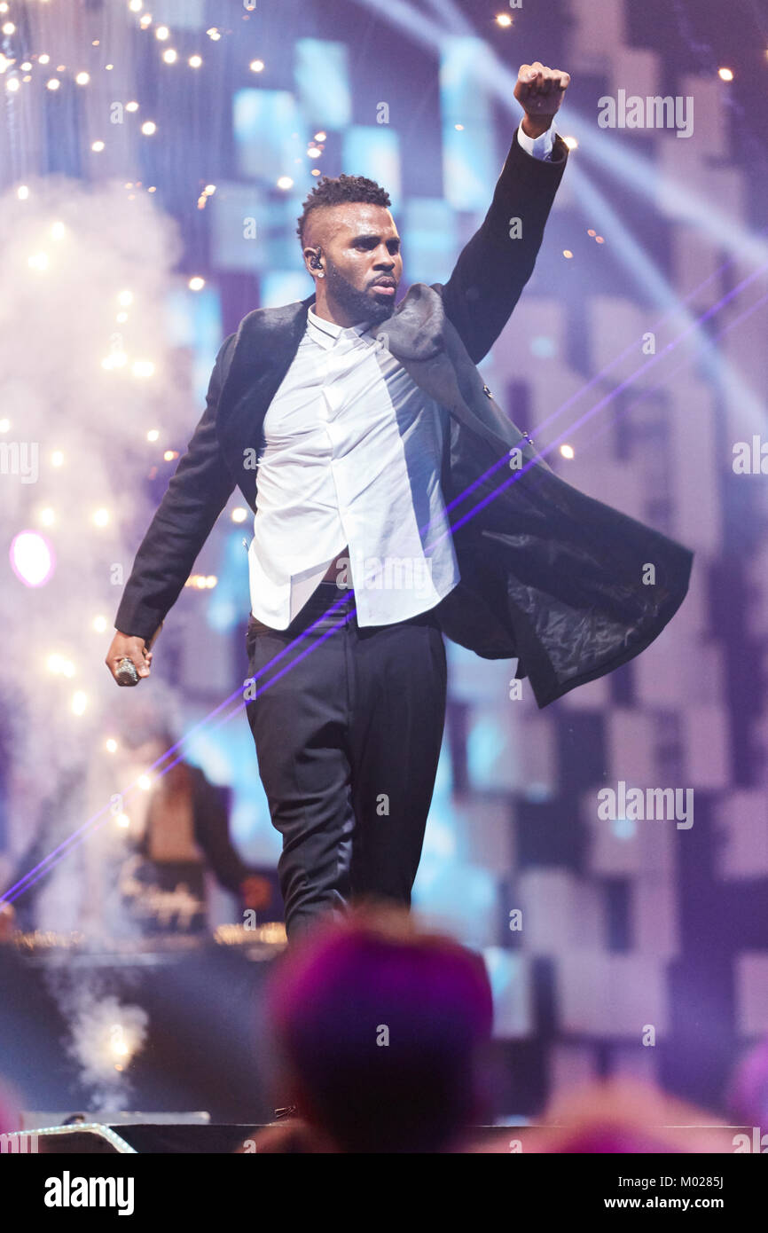 The American R&B singer, songwriter and musician Jason Derulo performs the songs “Cheyenne” and “Want To Move Me” at the Nobel Prize Concert 2015 (Nobelkonserten 2015) at Telenor Arena in Oslo. Stock Photo