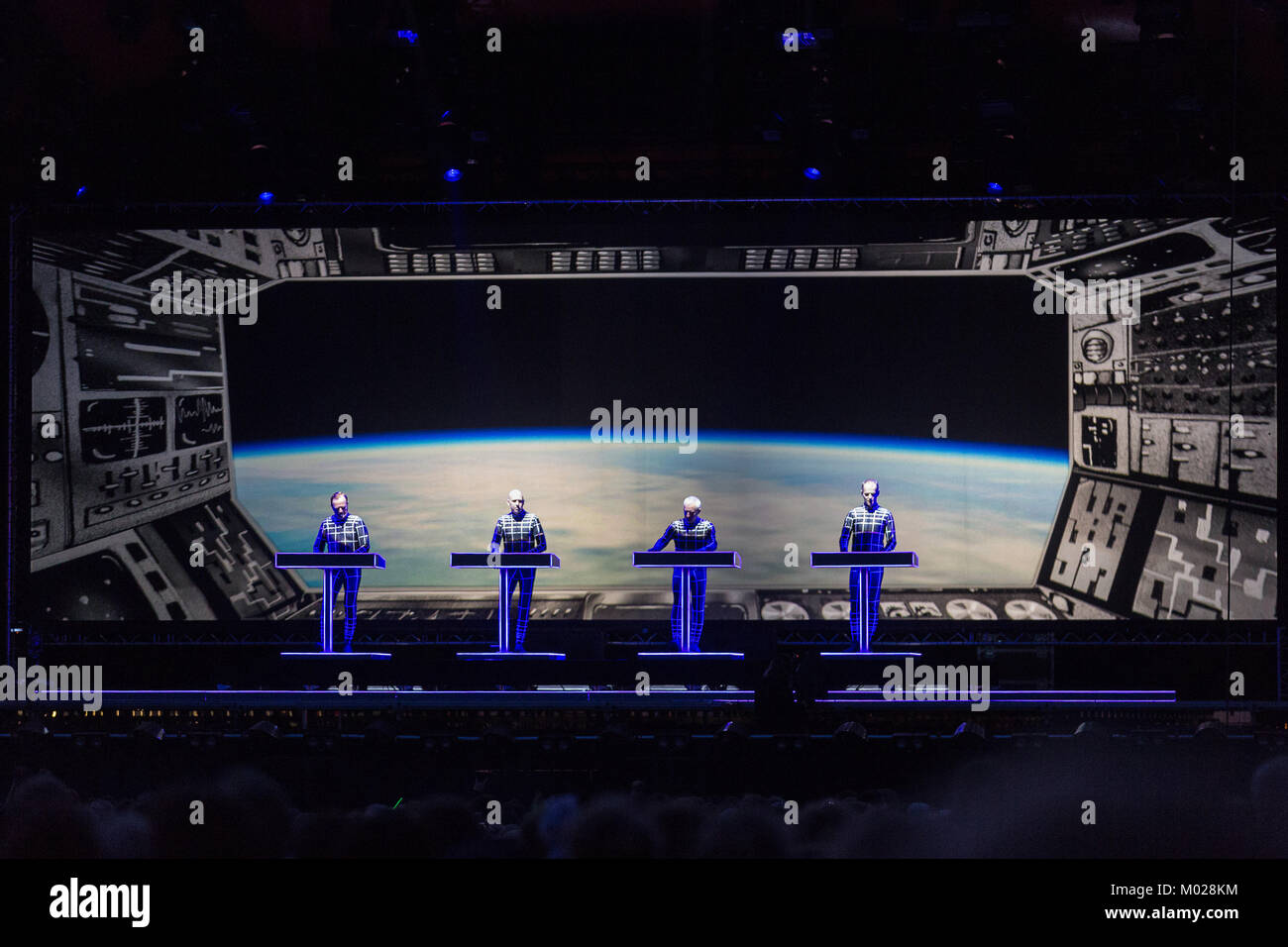 The legendary German electronic music band Kraftwerk performs a live 3D