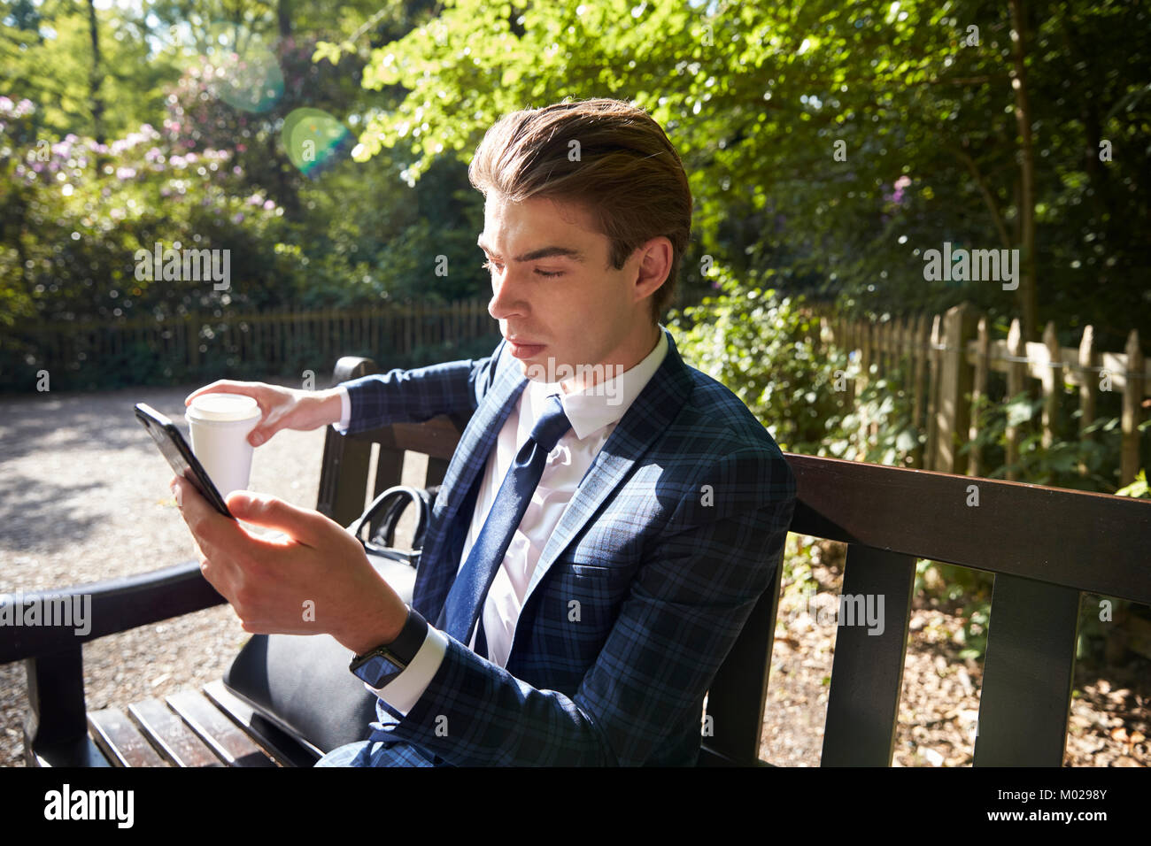 Young businessman sitting on park bench using smartphone Stock Photo
