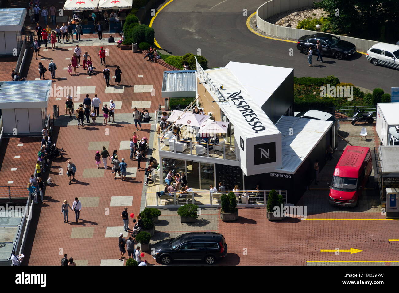 KARLOVY VARY, CZECH REPUBLIC - JULY 3: Nespresso Nestle group brand company logo on café in front of Hotel Thermal during international film festival  Stock Photo