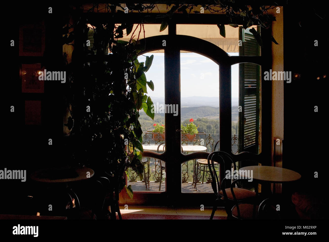 The Caffé Poliziano, Via di Voltaia nel Corso, Montepulciano, Tuscany, Italy: view of the Valdichiana from a window of the famous art nouveau cafe Stock Photo