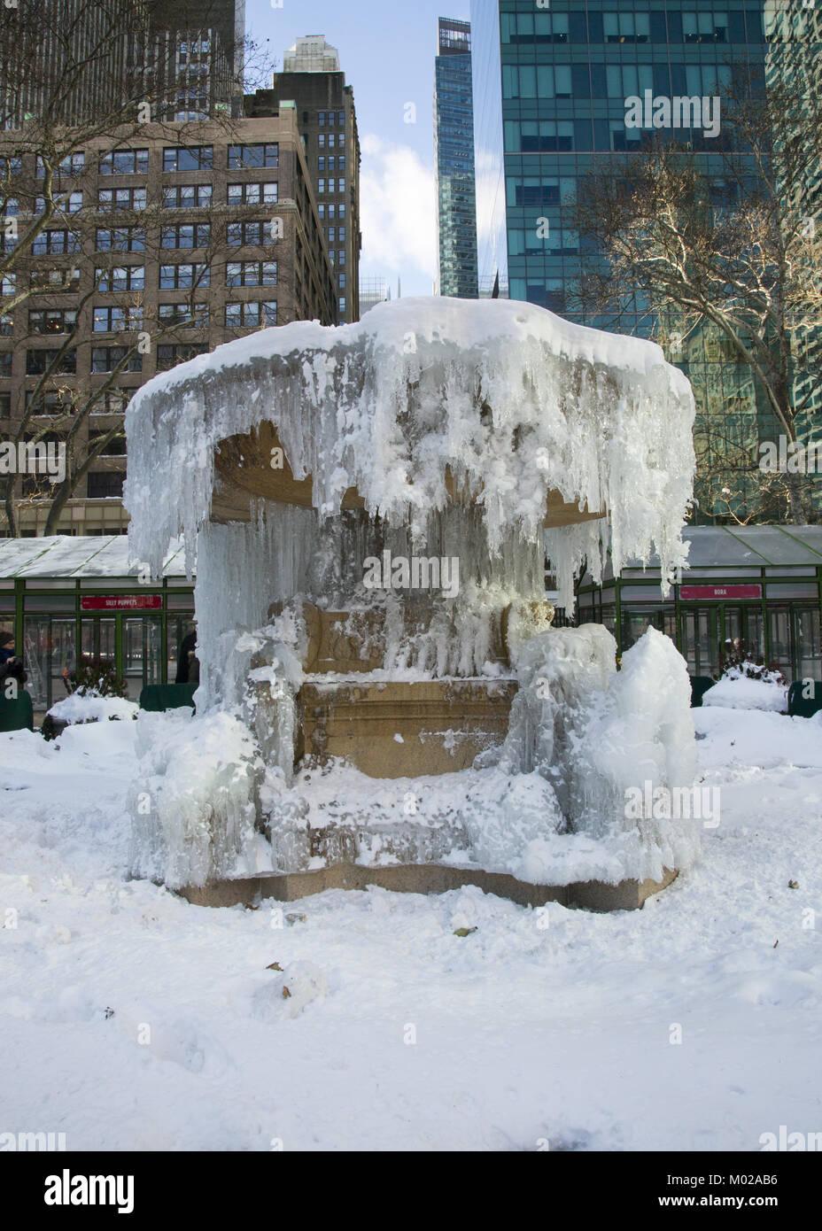 Frozen fountain in Bryant Park in midtown Manhattan during "deep freeze