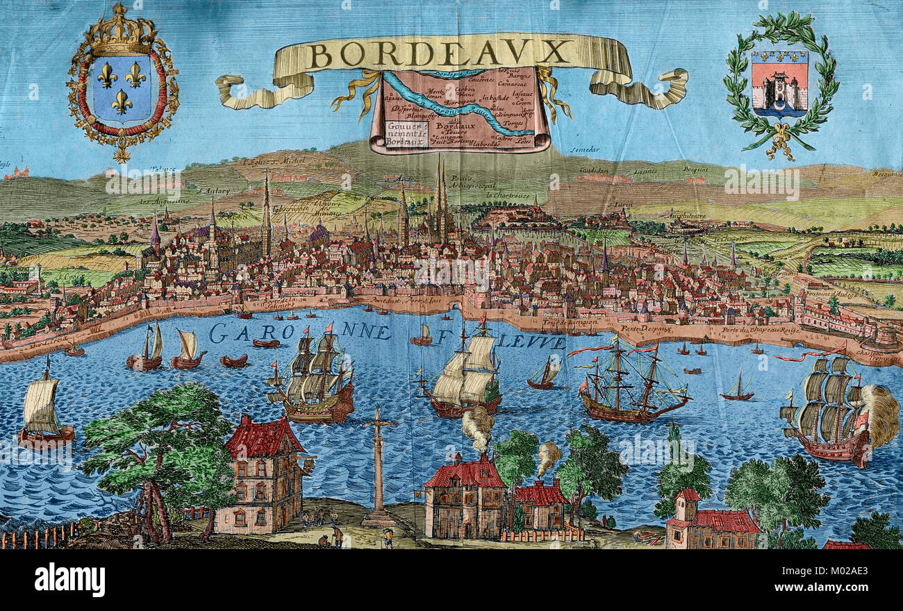 History of France. Bordeaux. Panorama of the city on the banks of the river Garonne. Engraving on metal, 16th century. Signed by Jollain, family of French engravers of the 16th-17th centuries. Colored. Stock Photo