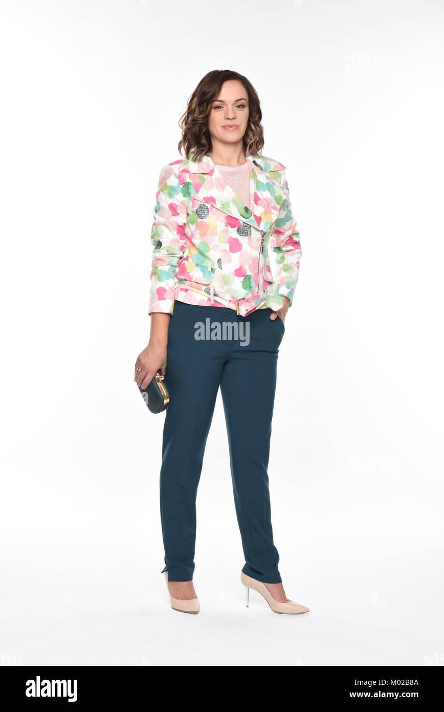 Pretty brown-haired woman posing in various clothes Stock Photo