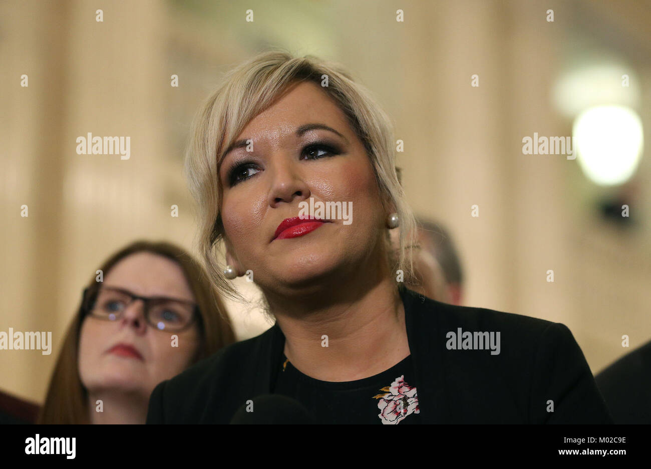 Sinn Fein's Northern Ireland Leader Michelle O'Neill speaking in the Great Hall in Stormont after Northern Ireland Secretary Karen Bradley and Irish foreign affairs minister Simon Coveney announced fresh round of political talks aimed at restoring powersharing in Northern Ireland. Issue date: Thursday January 18, 2018. Bradley described the negotiations, which will start next Wednesday, as the last opportunity to resurrect the devolved institutions in Belfast. See PA story ULSTER Politics. Photo credit should read: Brian Lawless/PA Wire Stock Photo