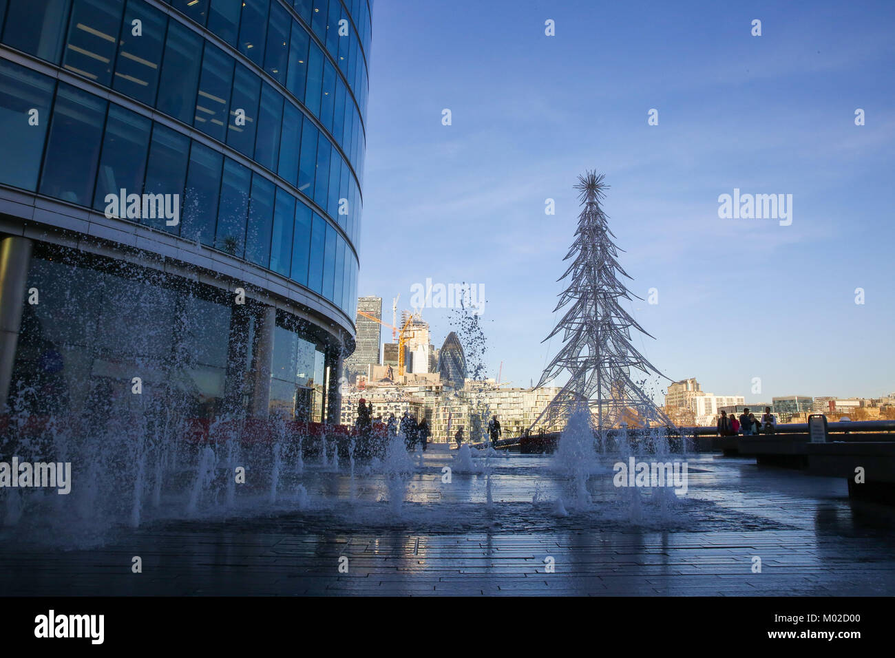 A sunny winter's day with clear blue sky in the capital.  Featuring: A view of a Christmas tree at The London Riviera on a sunny winter's day with clear blue sky. Where: London, United Kingdom When: 18 Dec 2017 Credit: WENN.com Stock Photo