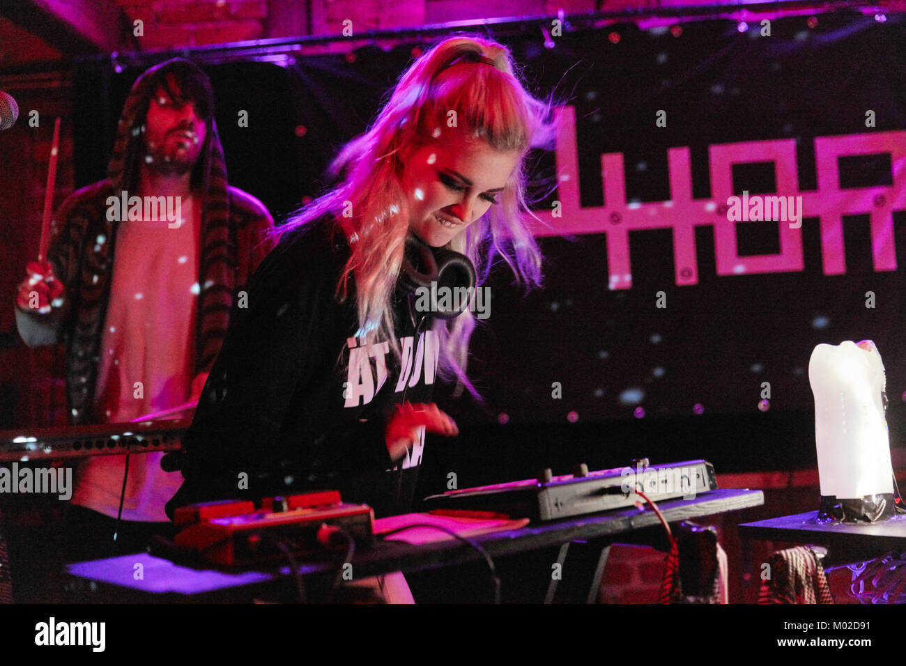 The Swedish electro pop band RABBI (Revolutions Are Best Before Initial Inception) performs a concert at the Uhørt Stage during the Norwegian showcase festival and music conference by:Larm 2016 in Oslo. The duo consists of Johanna Bergnlund and Felix Persson. Norway, 05/03 2016. Stock Photo