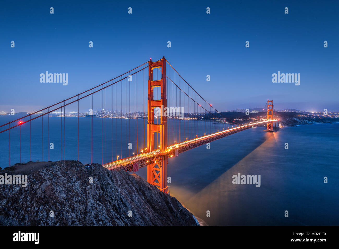 Classic panoramic view of famous Golden Gate Bridge seen from famous Battery Spencer viewpoint in beautiful post sunset twilight at dusk, California Stock Photo