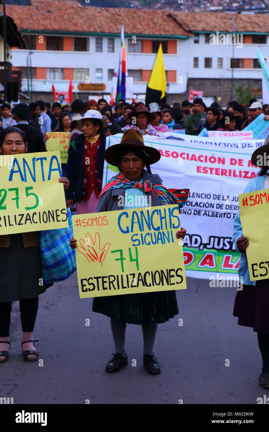 Victims of former Peruvian president Alberto Fujimori's forced sterilization program take part in protest march against pardon granted to him, Peru Stock Photo