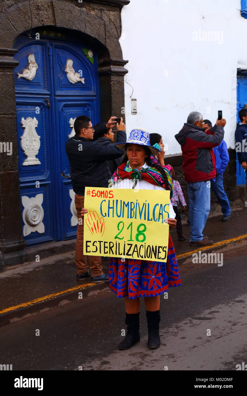 A victim of former Peruvian president Alberto Fujimori's forced sterilization program takes part in protest march against pardon granted to him, Peru Stock Photo