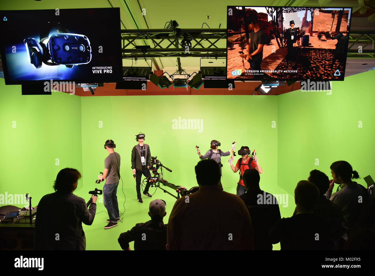 Mixed Reality - Virtual Reality demo in green screen room of HTC Vive at CES (Consumer Electronics Show), world’s largest trade show, in Las Vegas, N Stock Photo
