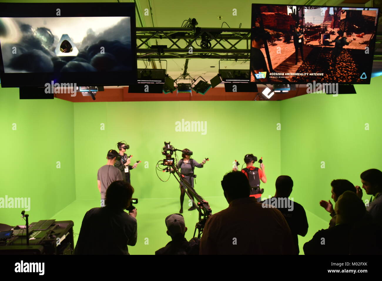 Mixed Reality - Virtual Reality demo in green screen room of HTC Vive at CES (Consumer Electronics Show), world’s largest trade show, in Las Vegas, N Stock Photo