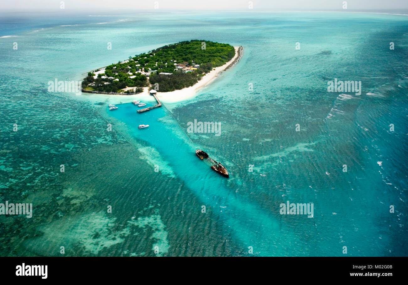 Aerial view of Heron Island.  One of the most southerly coral cays of the Great barrier Reef Stock Photo
