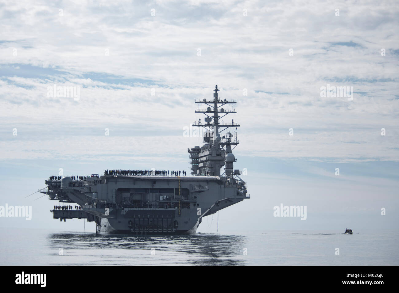 The aircraft carrier USS Dwight D. Eisenhower (CVN 69)(Ike) transits the Atlantic Ocean. Ike is underway during the maintenance phase of the Optimized Fleet Response Plan (OFRP). Stock Photo