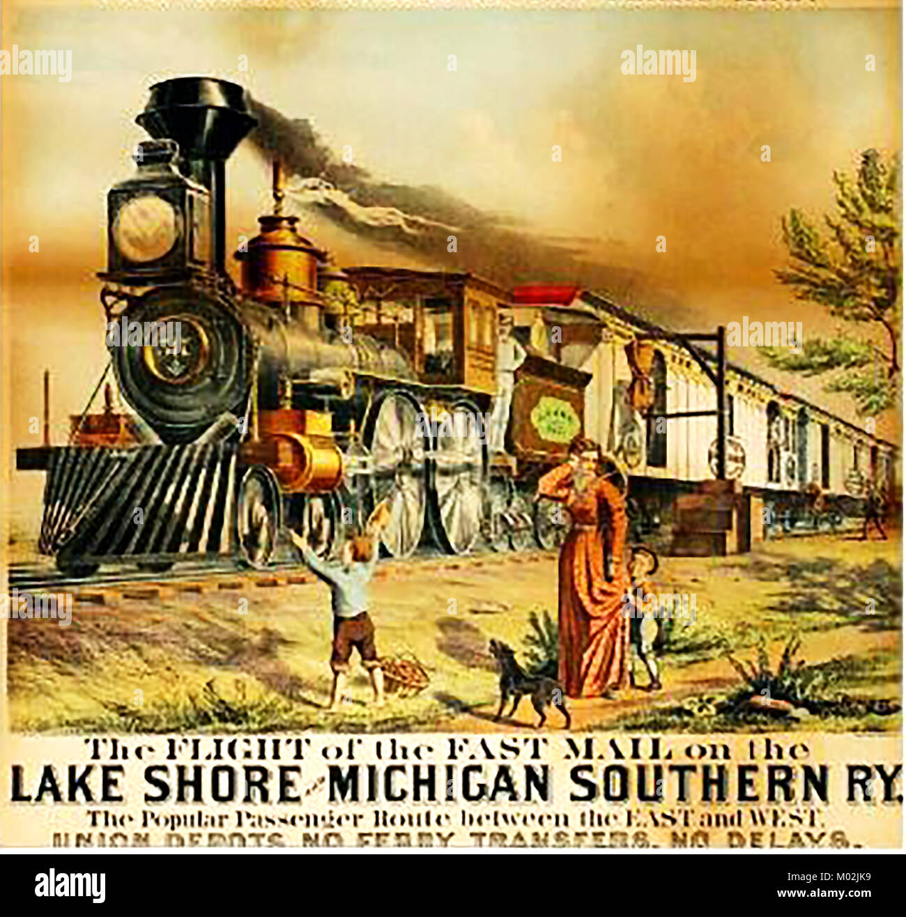 Lake Shore and Michigan Southern Railway 1876  - USA  - Colour advertisement showing mail train picking up mail sacks with an automated mail sack catcher Stock Photo