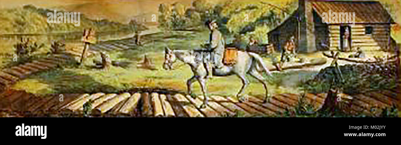 Lake Shore & Michigan Southern Railways USA  -  A small coloured picture from their centennial brochure showing the old system pf delivering mail to pioneers homesteads by horse during the 1700s using wooden track-ways.  1875 Stock Photo