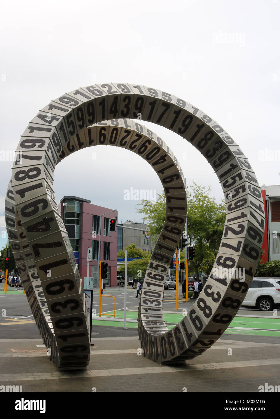 Passing Time 2010-2011 by Anton Parsons is a modern sculpture in Christchurch, NZ, featuring twisted boxes depicting each year between 1906 and 2010. Stock Photo