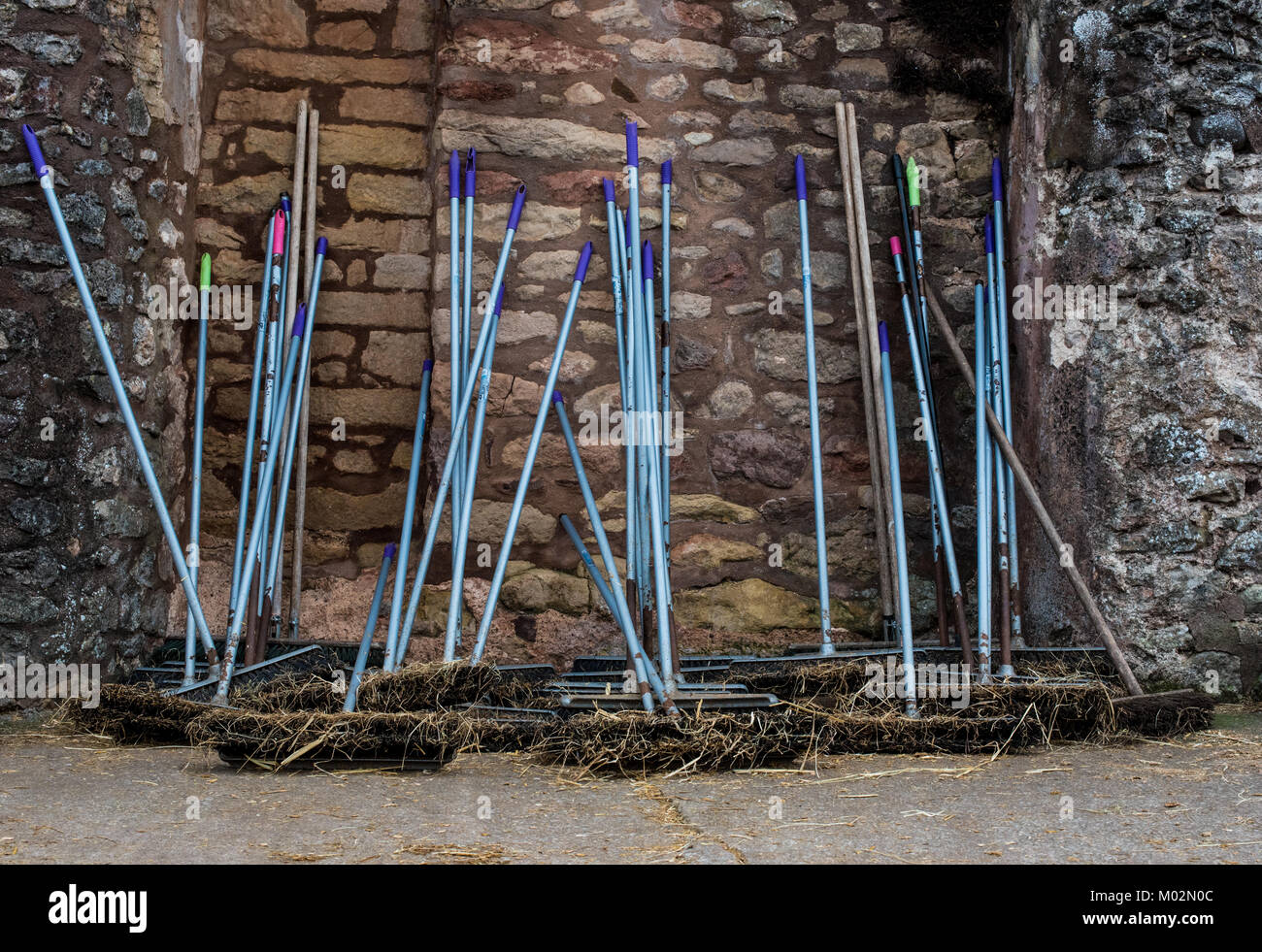 A collection of brooms outside horse racing stables Stock Photo Alamy