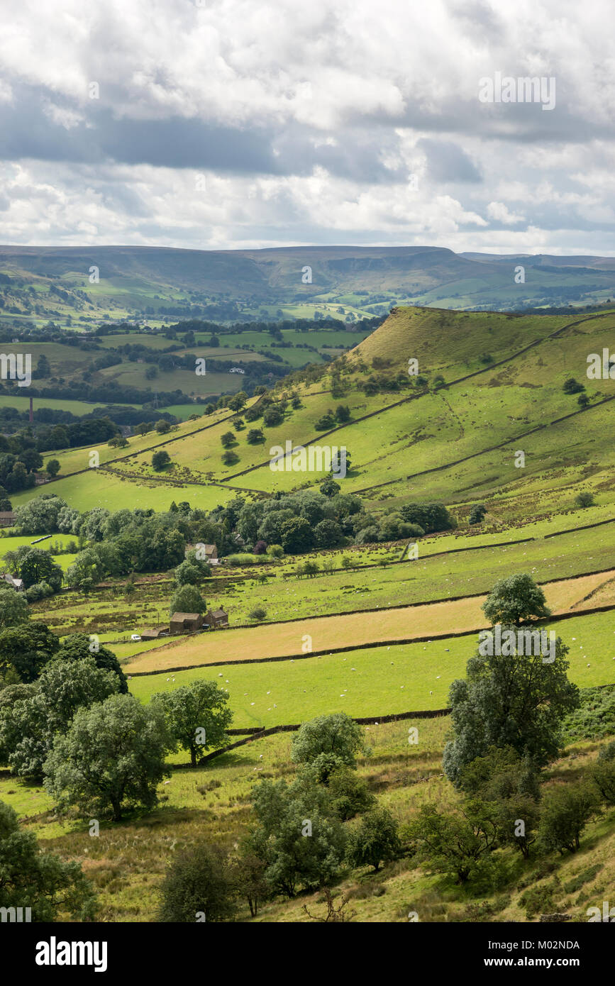 Beautiful green countryside near Chinley in the High Peak area of Derbyshire, England on a sunny summer day. Stock Photo