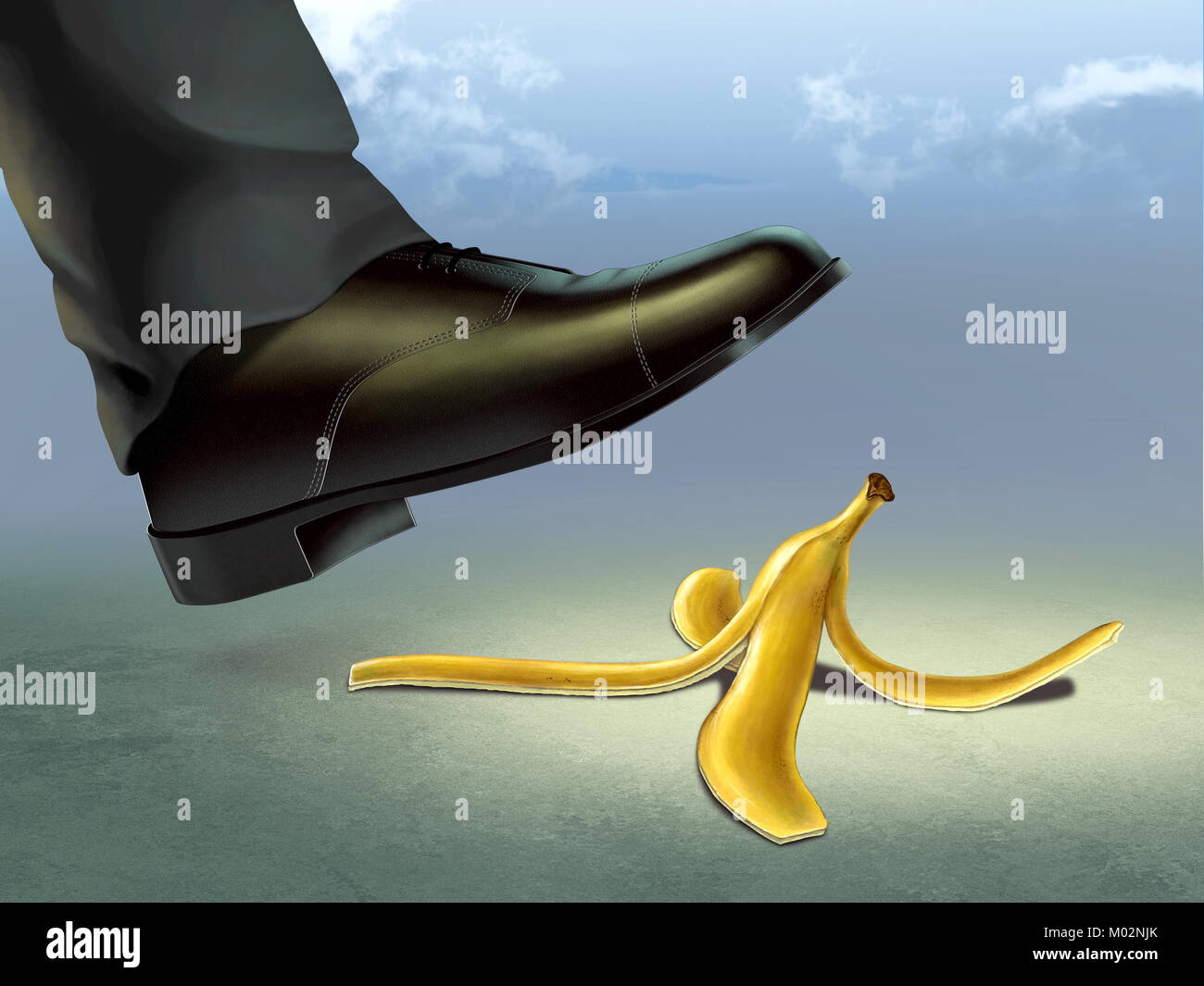 Businessman about to slip on a banana peel. Digital illustration Stock