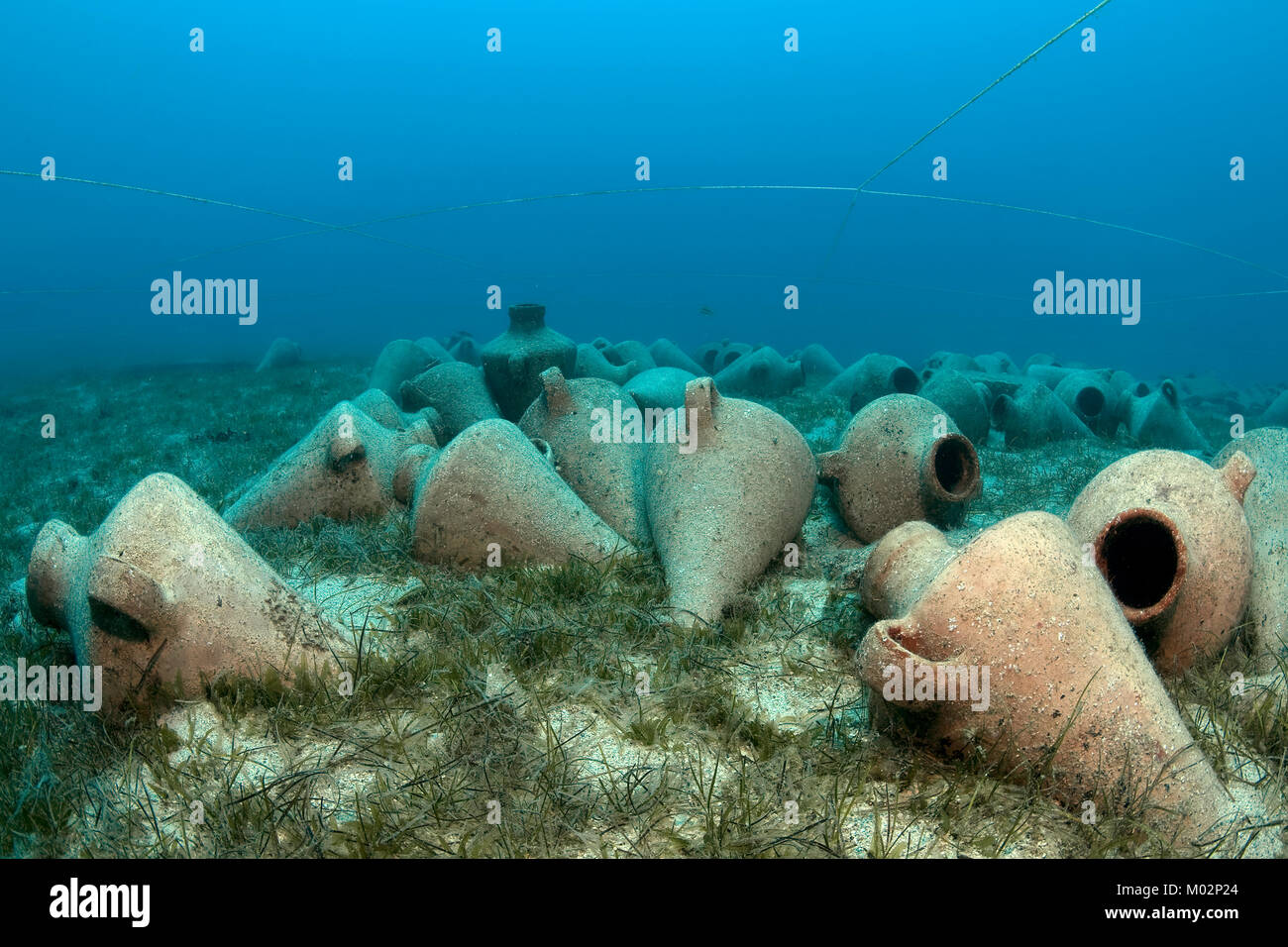 Amphora field (replicas) placed at source of Uluburun wreck, oldest ship wreck of the world, Kas, Lykia, Turkey, Mediteranean sea Stock Photo