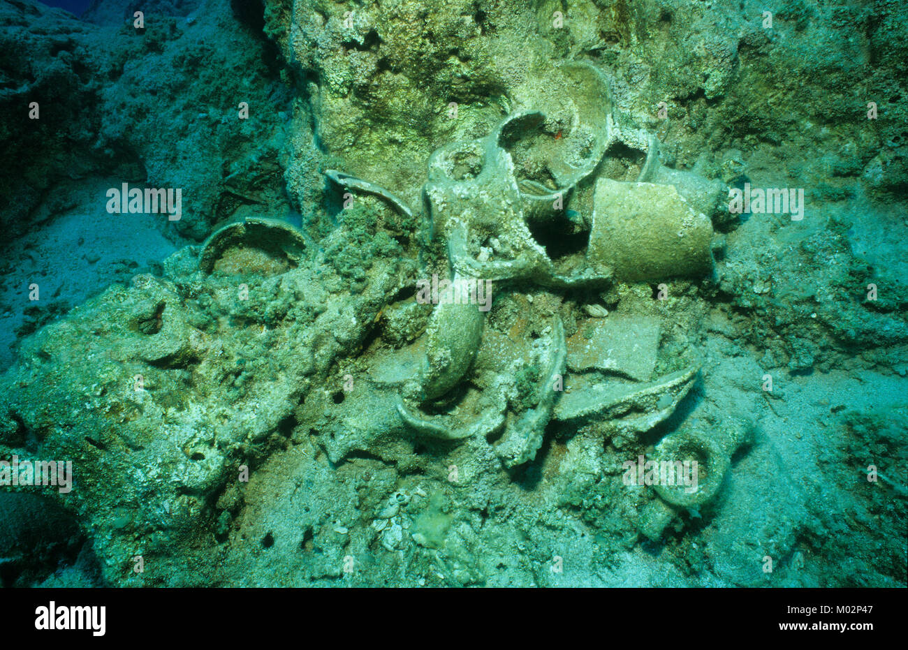 Old broken fragments of amphoras on seabed, Lykia, Mediterranean sea, Turkey Stock Photo