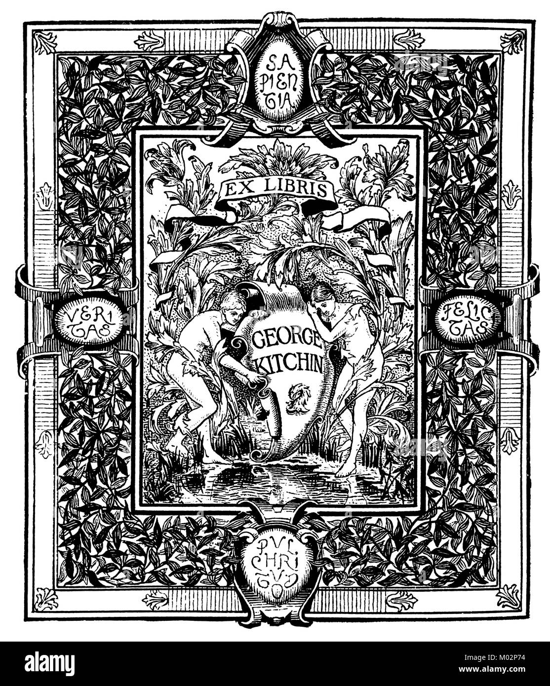 Bookplate for Geirge Kitchin,1893 book plate design by artist Frederick Colin Tilney from The Studio Magazine Stock Photo