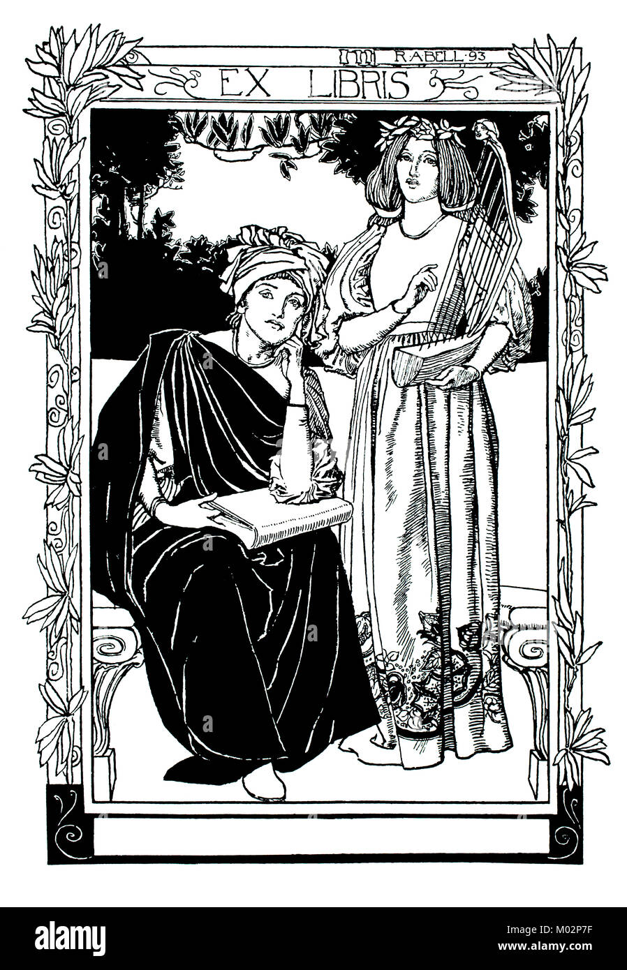 Bookplate design by artist Robert Anning Bell, illustration, from 1893 The Studio an Illustrated Magazine of Fine and Applied Art Stock Photo