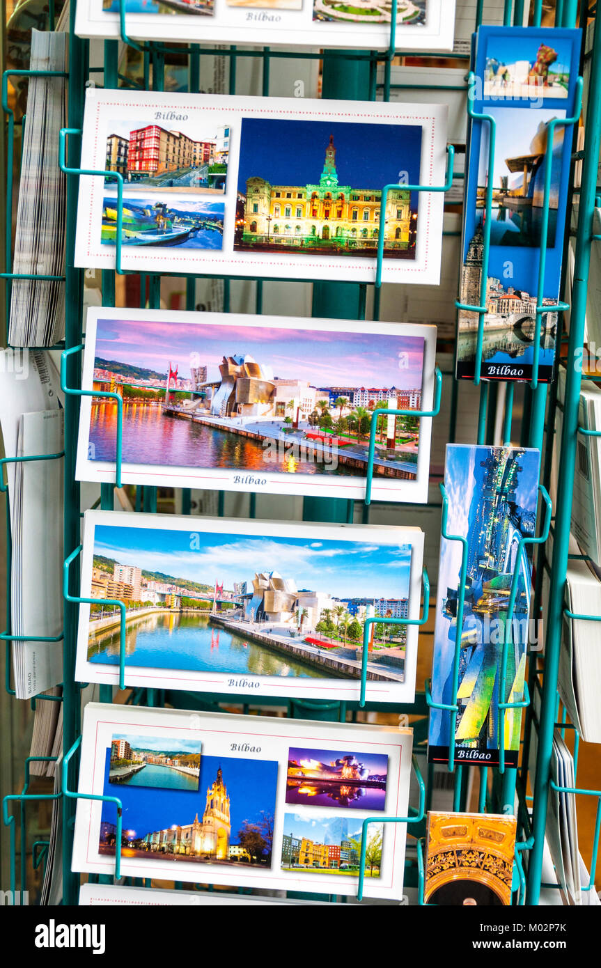 Postcards on sale in Bilbao, Basque region, Spain Stock Photo