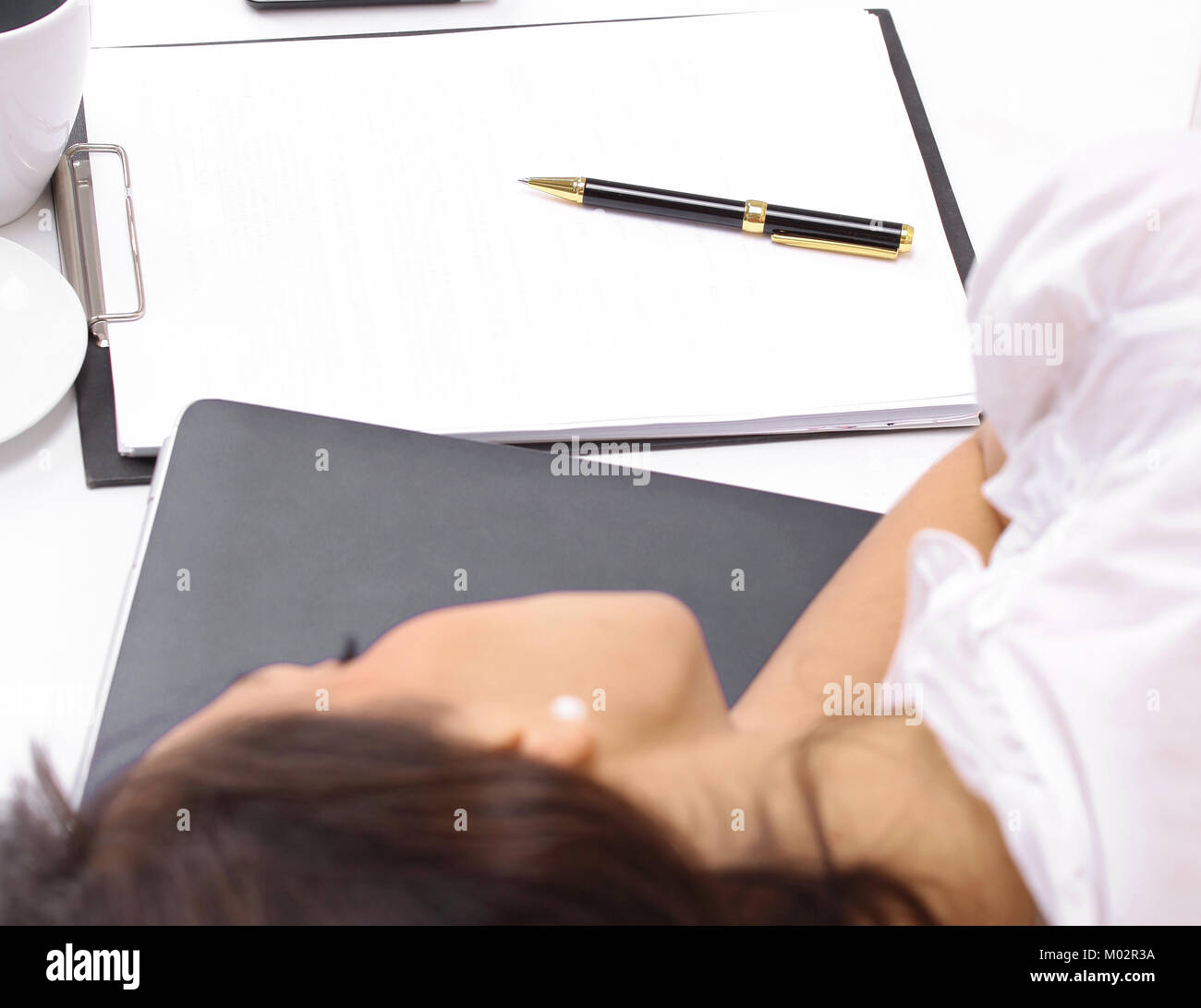 Closeup Young Woman Falling Asleep Sitting At Your Desk Stock