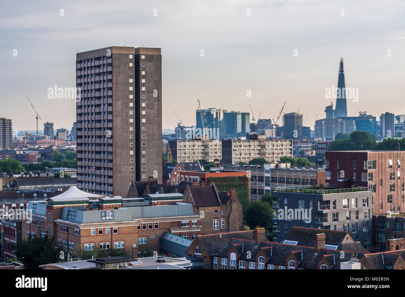 London skyline featuring a high rise tower block in London,England,UK viewed from Tower Hamlets Stock Photo