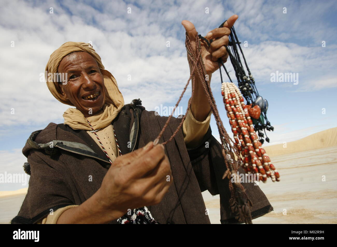 Planetary merchant of traditional items, near Tataouine, in Tunisia. Stock Photo