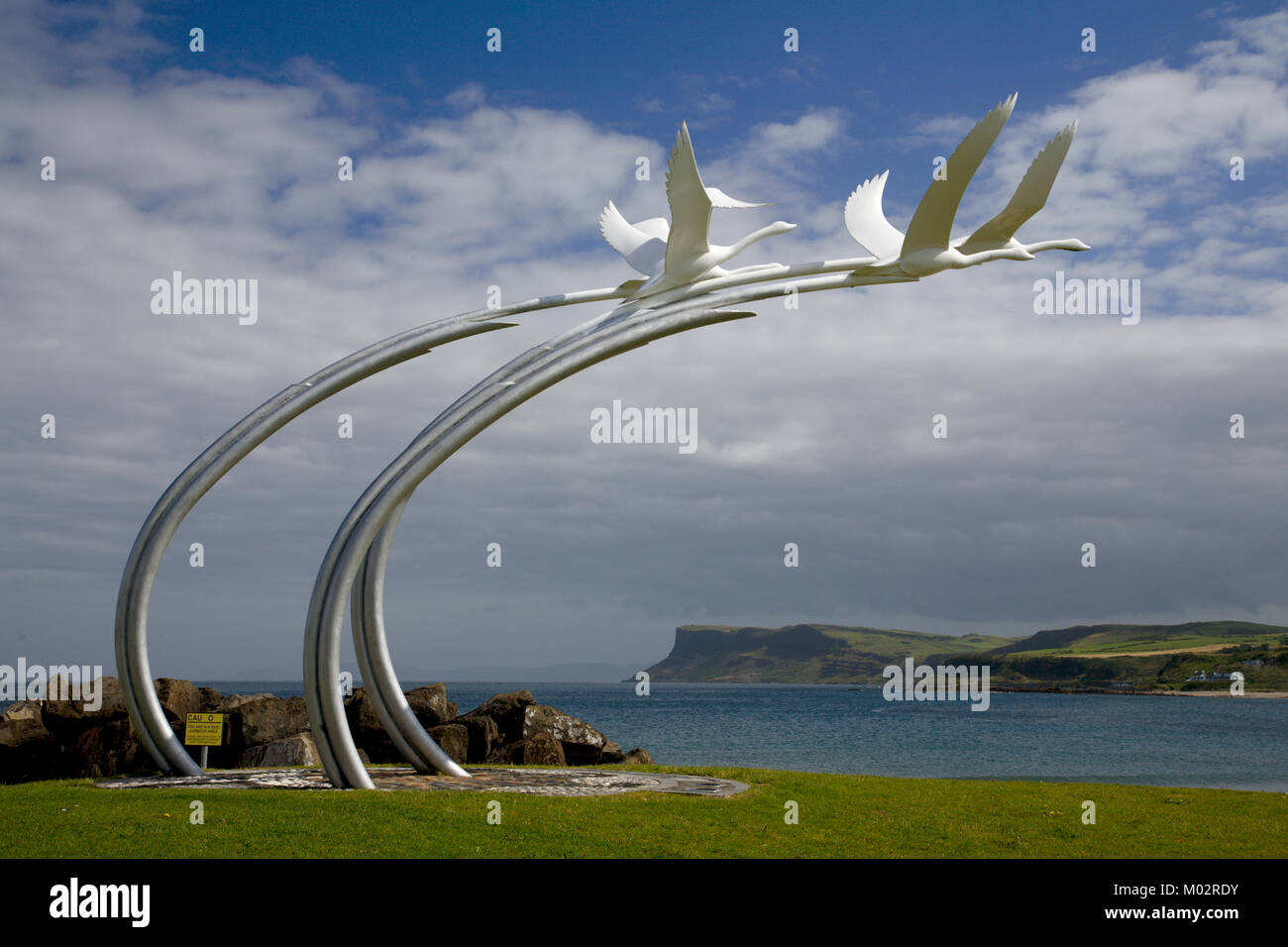 Swan sculpture on the Northern Ireland coast at Ballycastle Stock Photo