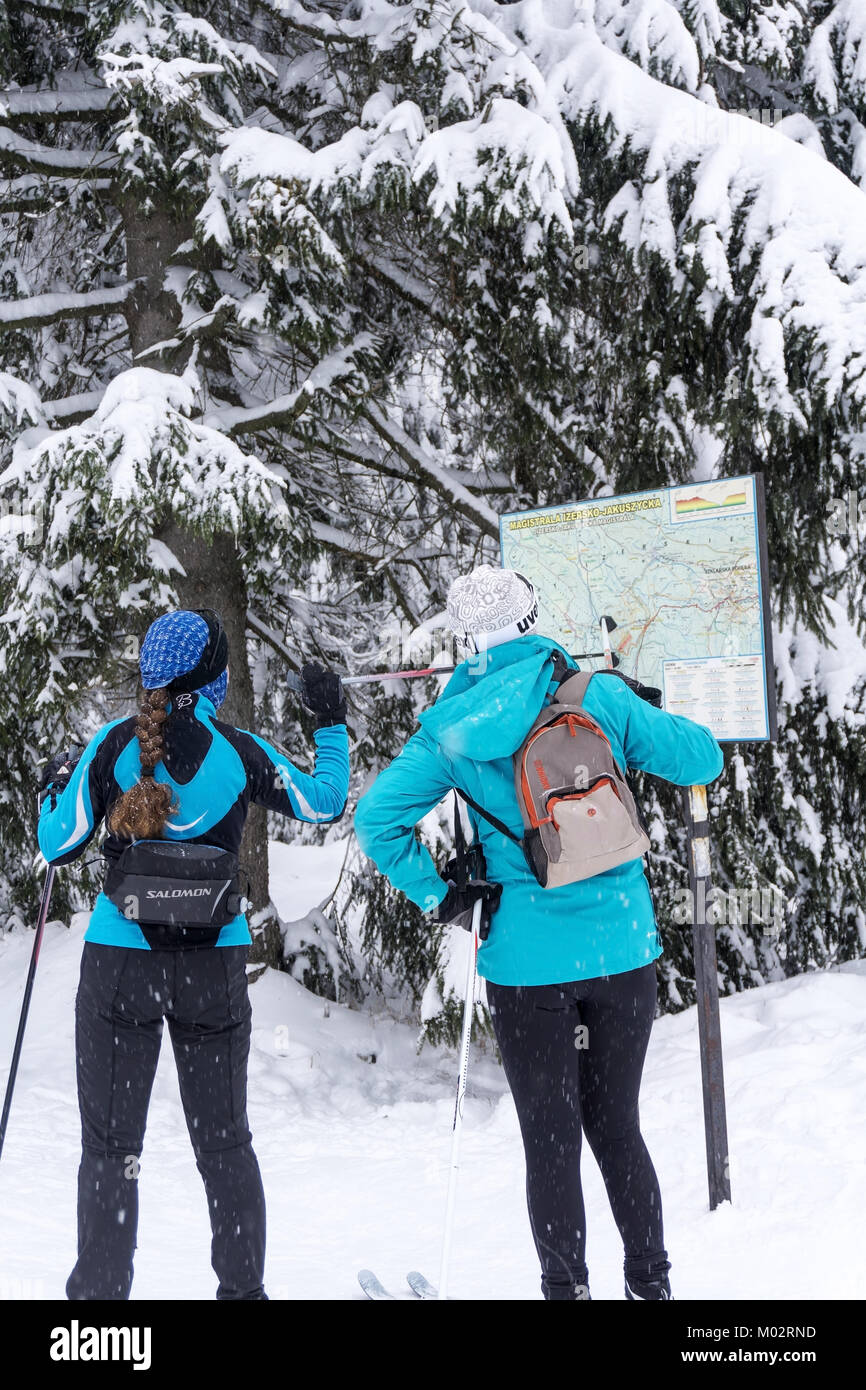 Two women skiers looking for a cross-country route on the map. Jakuszyce, Giant Mountains, Karkonosze, Poland, Europe. Stock Photo