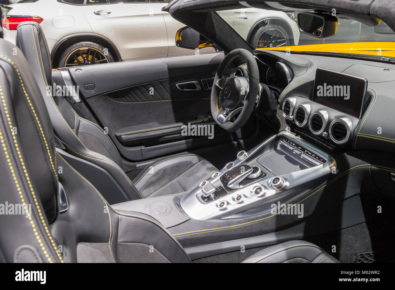BRUSSELS - JAN 10, 2018: Interior of a Mercedes AMG SLS GT sports car showcased at the Brussels Motor Show. Stock Photo