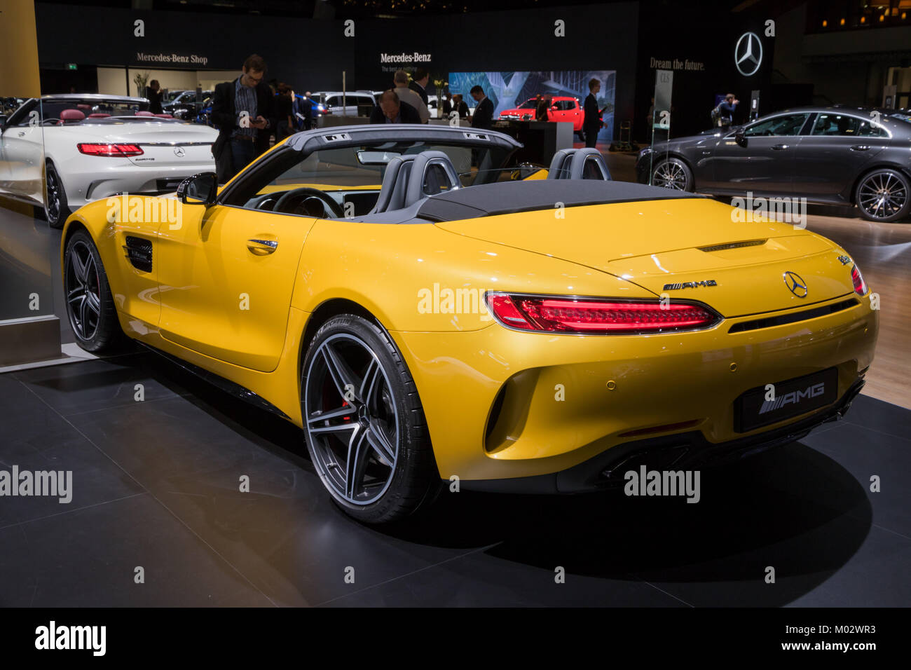 BRUSSELS - JAN 10, 2018: Mercedes AMG SLS GT sports car showcased at the Brussels Motor Show. Stock Photo