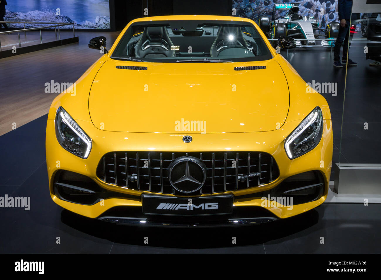 BRUSSELS - JAN 10, 2018: Mercedes AMG SLS GT sports car showcased at the Brussels Motor Show. Stock Photo