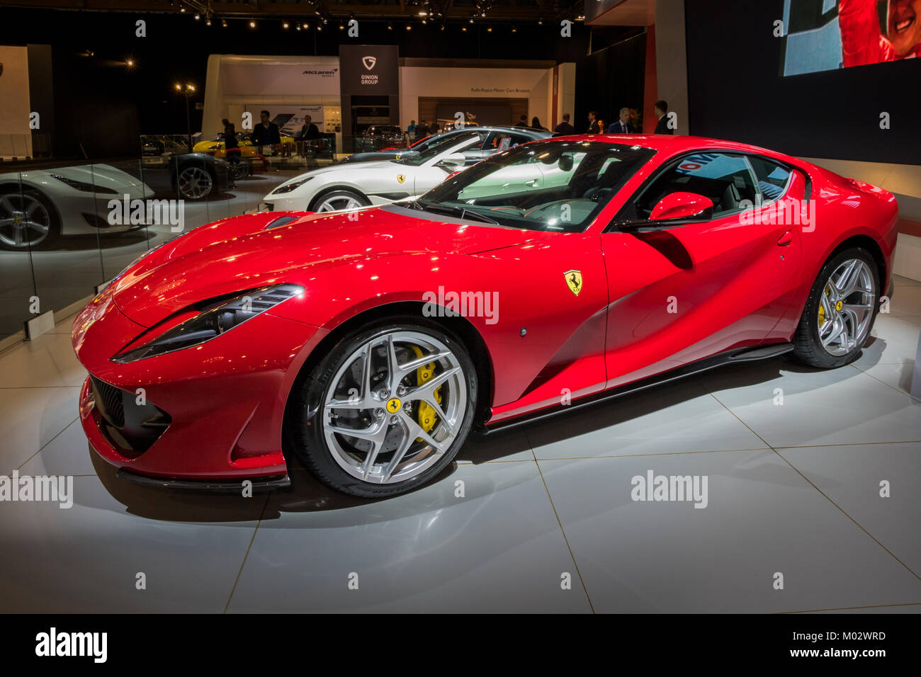 BRUSSELS - JAN 10, 2018: Ferrari 812 Superfast sports car showcased at the Brussels Motor Show. Stock Photo