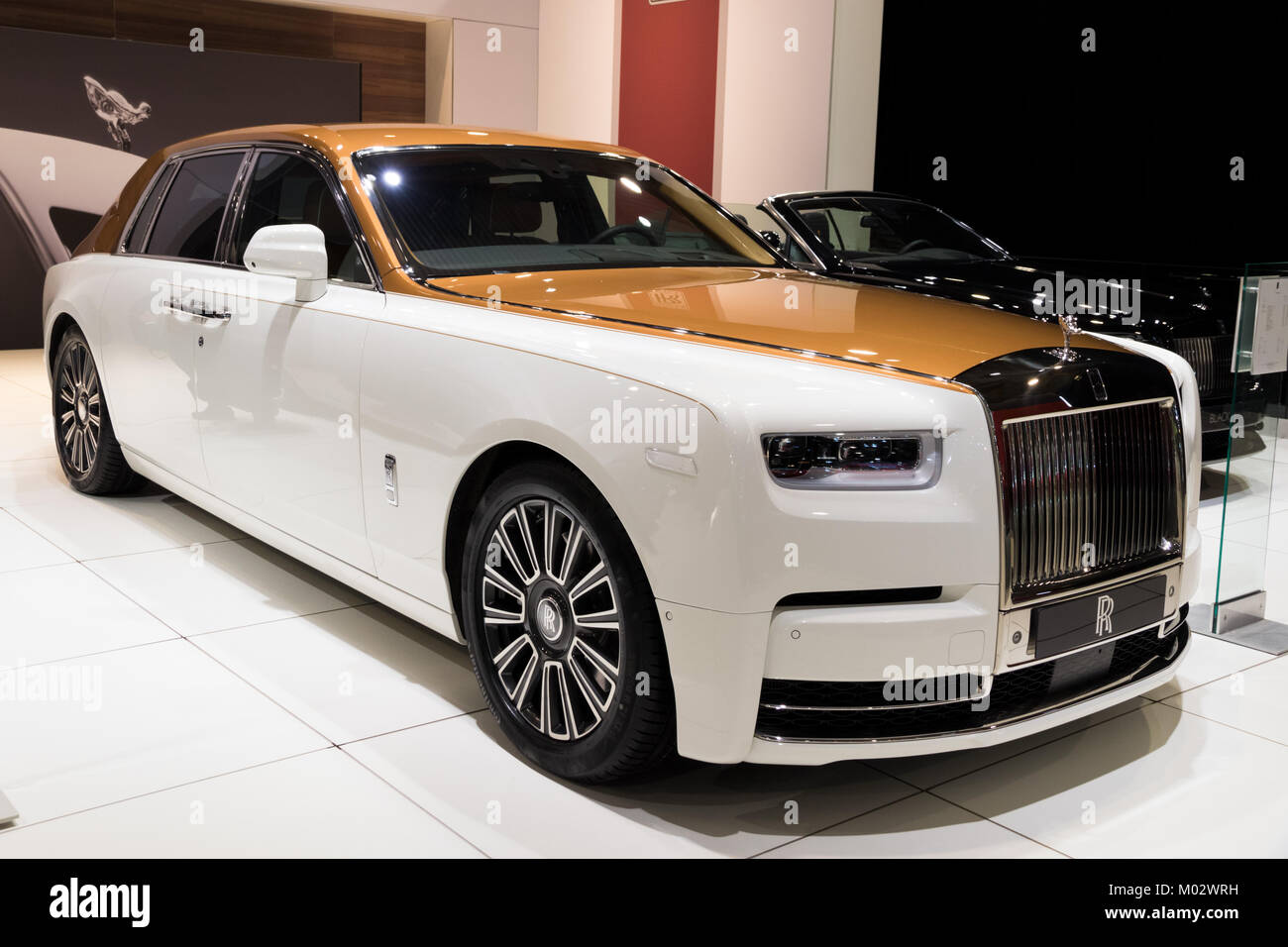 BRUSSELS - JAN 10, 2018: Rolls Royce Phantom luxury saloon car showcased at the Brussels Motor Show. Stock Photo