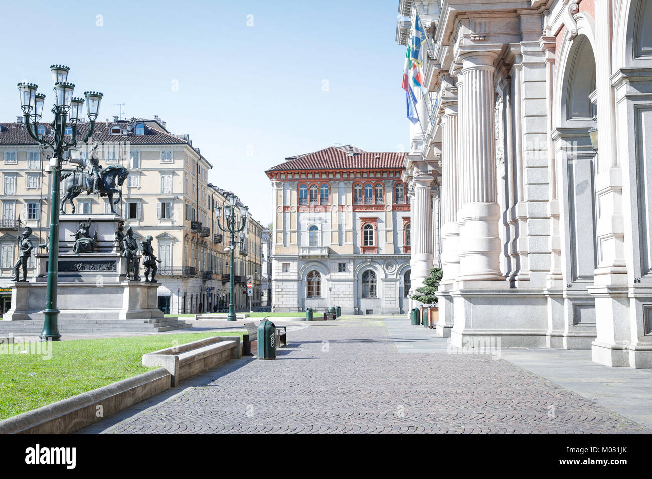 Turin, Italy: Biblioteca Nazionale and Museum of Risorgimento italiano in the historical square of Turin city center, in a sunny day Stock Photo