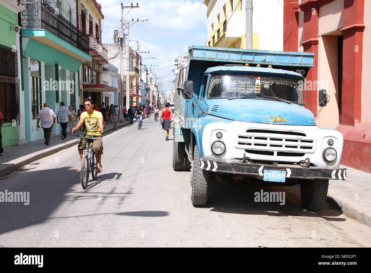 CAMAGUEY - FEBRUARY 17: Classic Russian truck Zil parked in the street on February 17, 2011 in Camaguey, Cuba. Cubans do miracles to keep old cars run Stock Photo