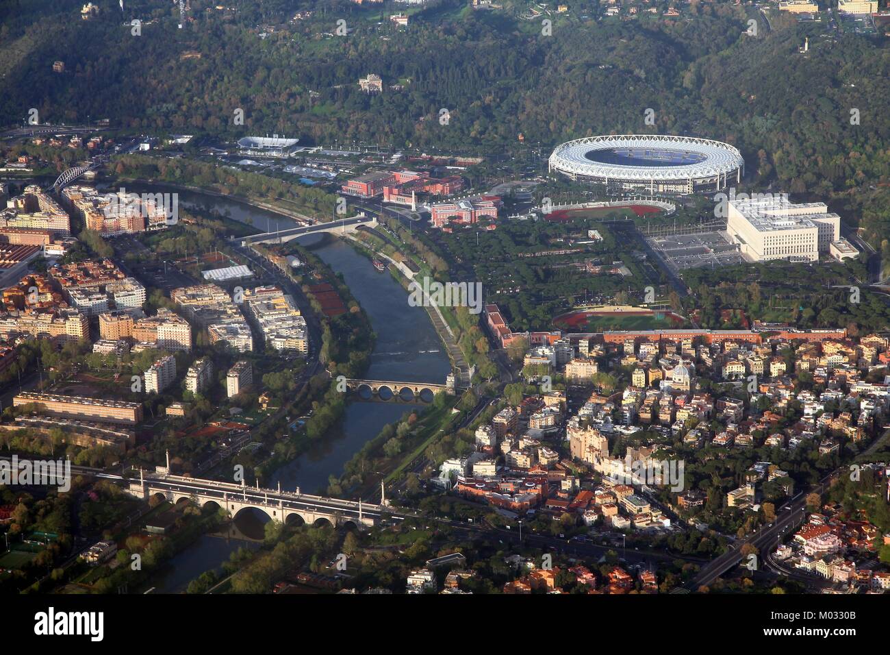 Rome, Italy - aerial view with Tiber river and famous stadium. Stock Photo